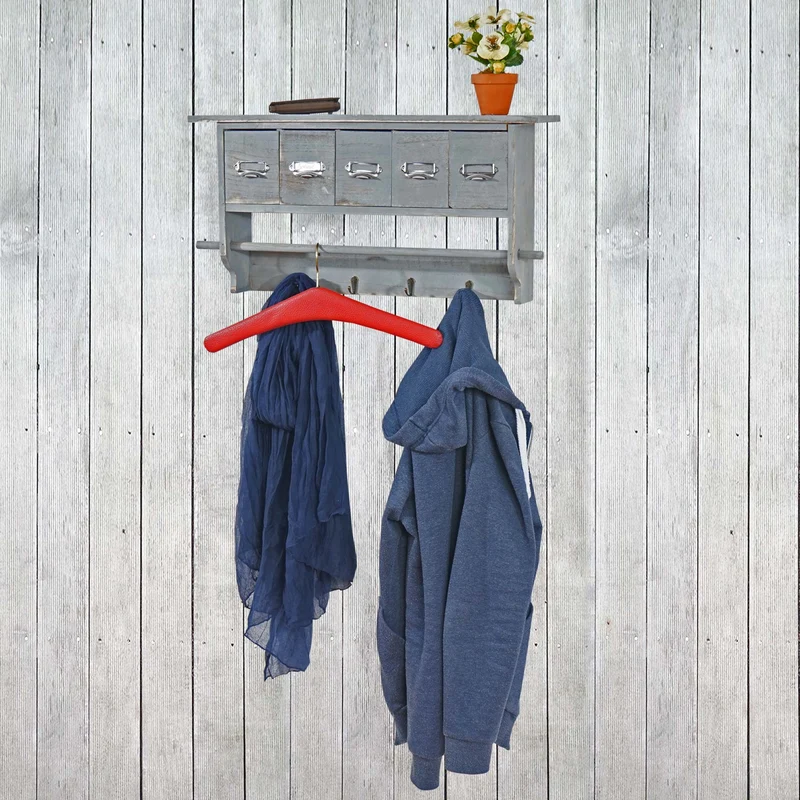 Porte manteau mural étagère murale avec 4 crochets tringle vintage avec 5 tiroirs 32x65x13cm gris 04_0000965