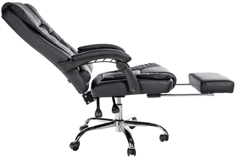 Fauteuil de bureau ergonomique généreusement rembourrée avec repose-pieds en PVC noir et métal chromé 10_0002568