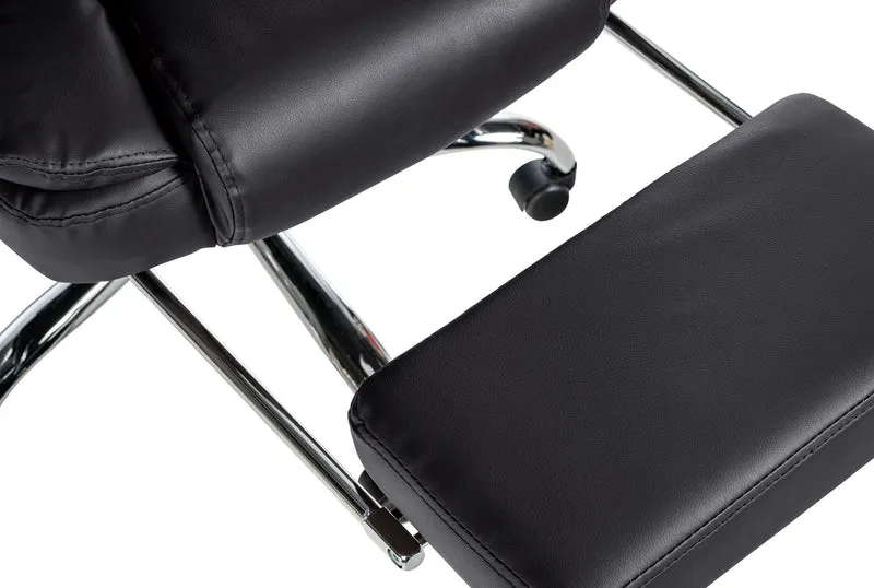 Fauteuil de bureau ergonomique généreusement rembourrée avec repose-pieds en PVC noir et métal chromé 10_0002568