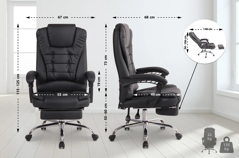 Fauteuil de bureau ergonomique généreusement rembourrée avec repose-pieds en PVC noir et métal chromé 10_0002568