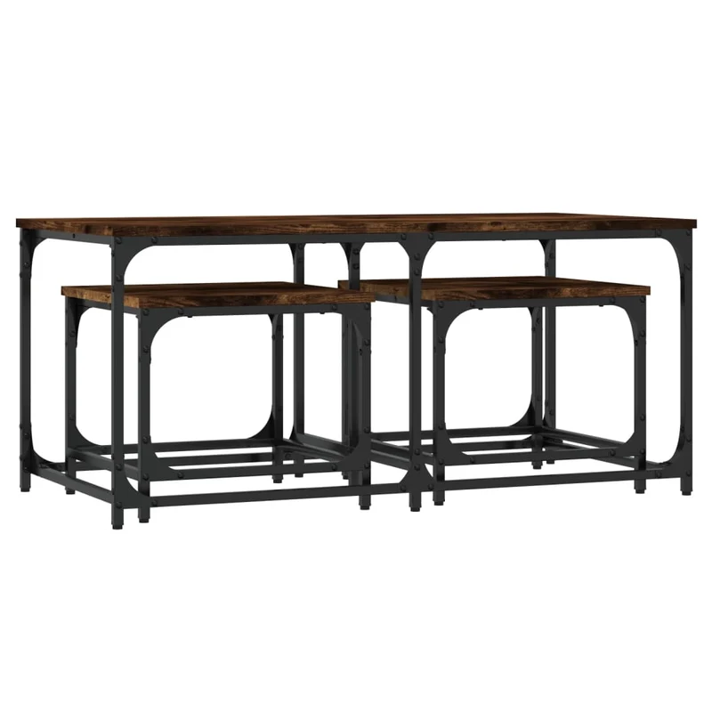 Set de 3 tables basses gigognes style industriel en bois d'ingénierie marron et métal DEC040540