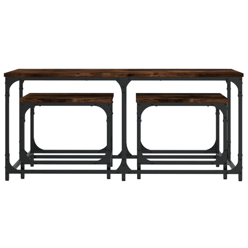 Set de 3 tables basses gigognes style industriel en bois d'ingénierie marron et métal DEC040540