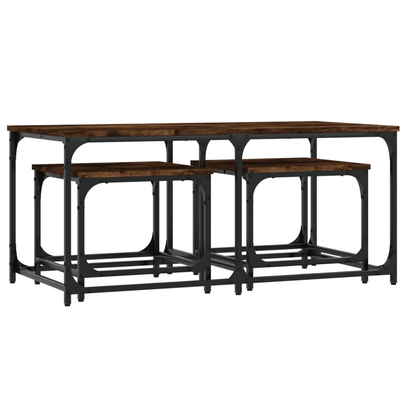 Set de 3 tables basses gigognes style industriel en bois d'ingénierie marron et métal DEC040540