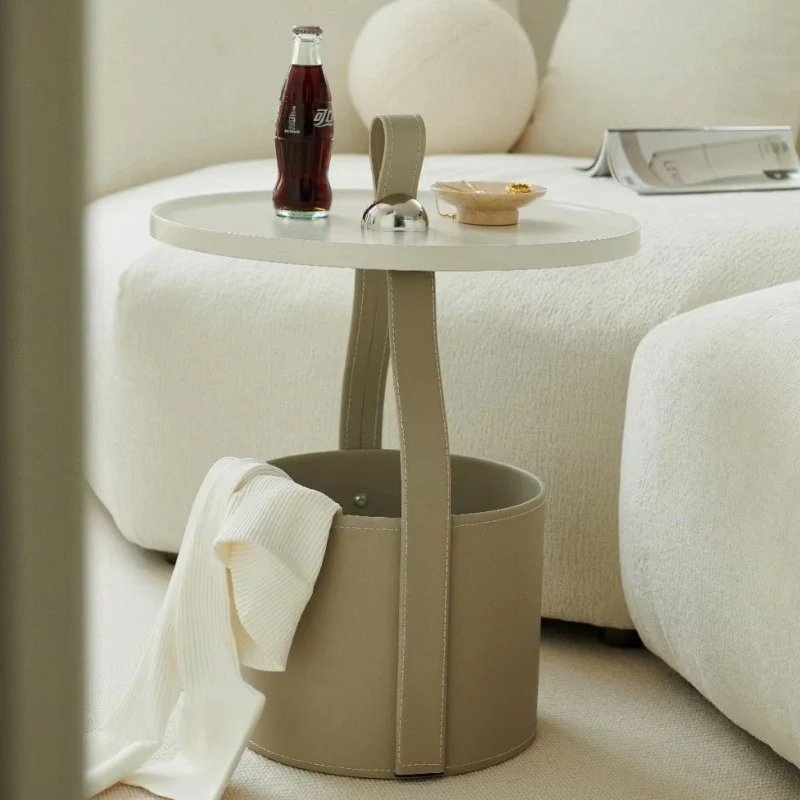 Contemporary Scandinavian Round Cylinder Drum Stainless Steel Sheet Saddle-Style Faux Leather Metal End Table 1-Tier For Living Room