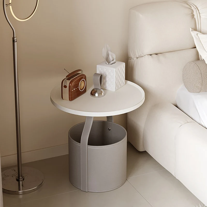Contemporary Scandinavian Round Cylinder Drum Stainless Steel Sheet Saddle-Style Faux Leather Metal End Table 1-Tier For Living Room