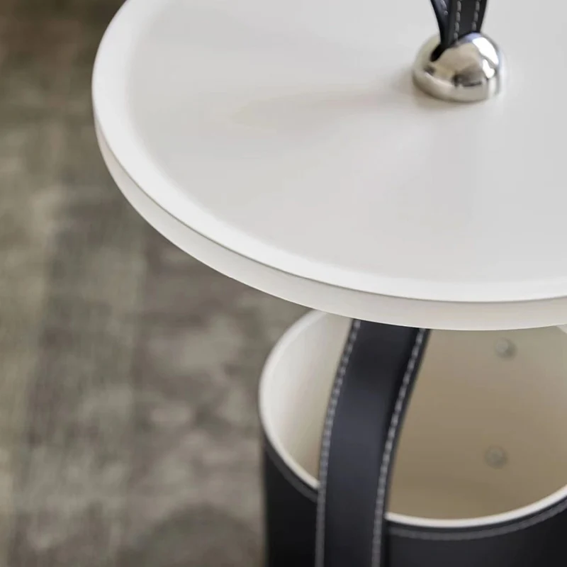 Contemporary Scandinavian Round Cylinder Drum Stainless Steel Sheet Saddle-Style Faux Leather Metal End Table 1-Tier For Living Room