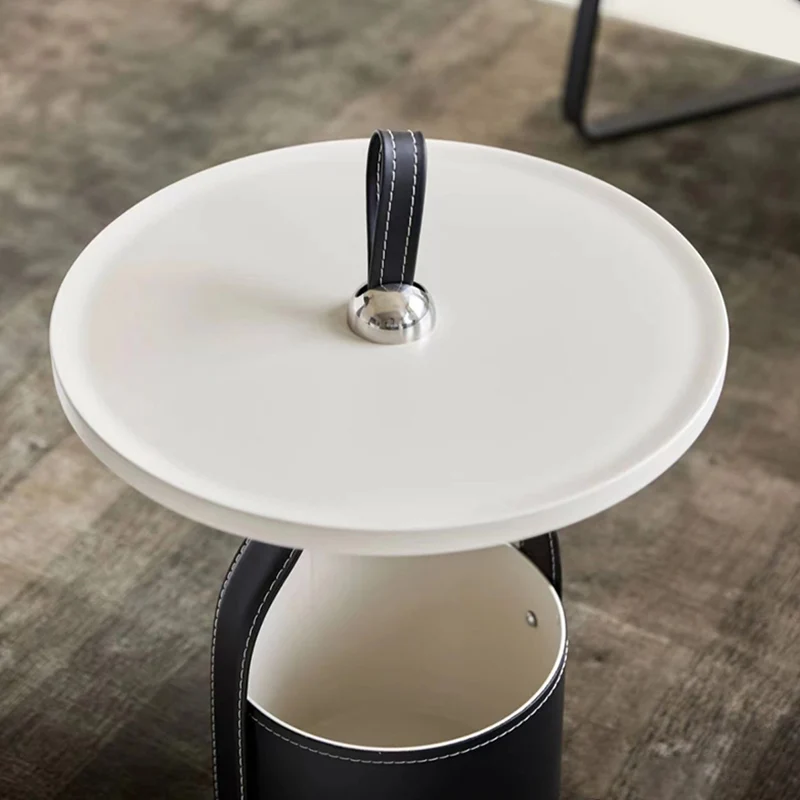 Contemporary Scandinavian Round Cylinder Drum Stainless Steel Sheet Saddle-Style Faux Leather Metal End Table 1-Tier For Living Room