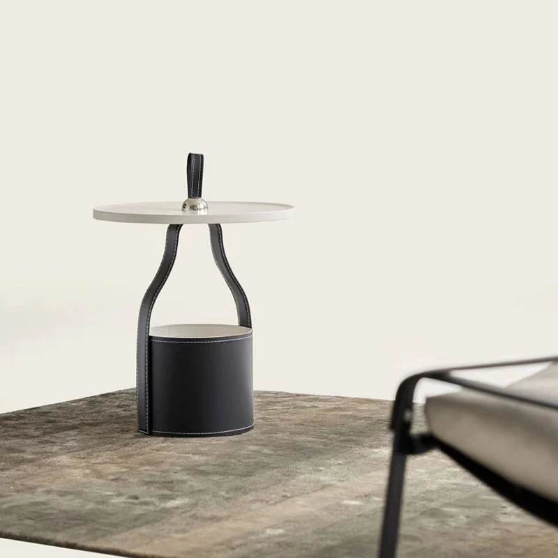 Contemporary Scandinavian Round Cylinder Drum Stainless Steel Sheet Saddle-Style Faux Leather Metal End Table 1-Tier For Living Room