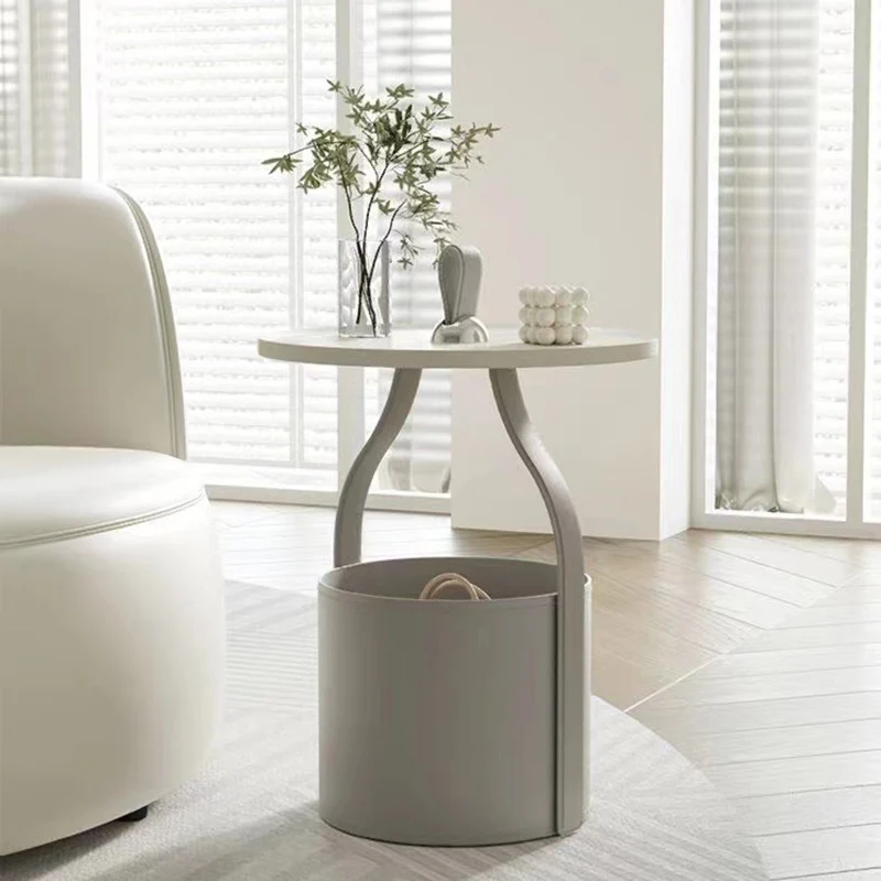 Contemporary Scandinavian Round Cylinder Drum Stainless Steel Sheet Saddle-Style Faux Leather Metal End Table 1-Tier For Living Room