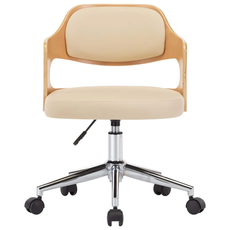 Chaise de bureau sur roulettes pivotante hauteur réglable bois courbé métal et PVC crème DEC025138