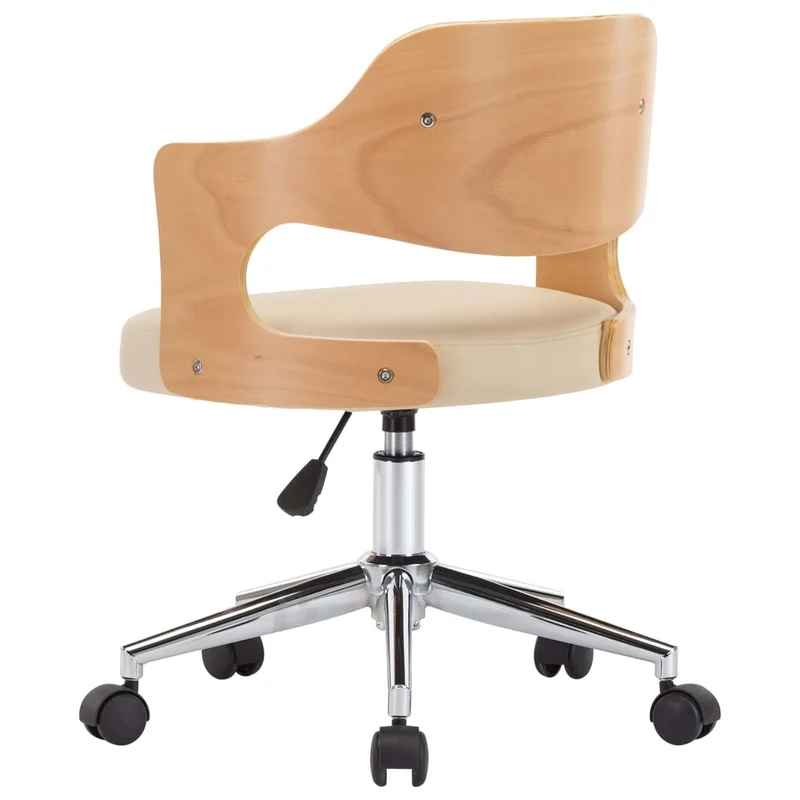 Chaise de bureau sur roulettes pivotante hauteur réglable bois courbé métal et PVC crème DEC025138