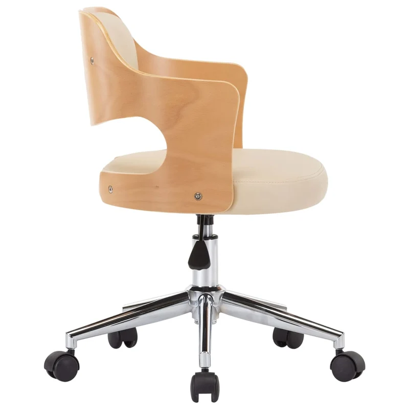 Chaise de bureau sur roulettes pivotante hauteur réglable bois courbé métal et PVC crème DEC025138