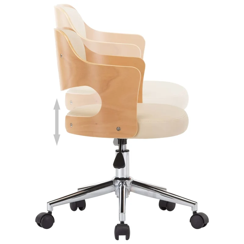 Chaise de bureau sur roulettes pivotante hauteur réglable bois courbé métal et PVC crème DEC025138