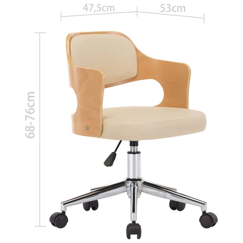 Chaise de bureau sur roulettes pivotante hauteur réglable bois courbé métal et PVC crème DEC025138