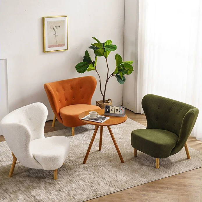 Contemporary Nordic Sherpa Fabric Corduroy Plush Wood Curved Accent Chair Backrest Footrest For Living Room