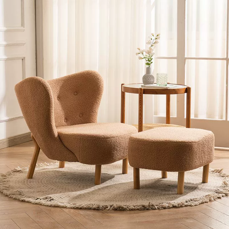 Contemporary Nordic Sherpa Fabric Corduroy Plush Wood Curved Accent Chair Backrest Footrest For Living Room