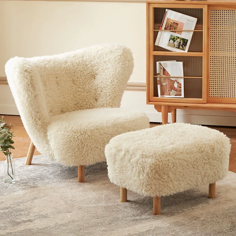 Contemporary Nordic Sherpa Fabric Corduroy Plush Wood Curved Accent Chair Backrest Footrest For Living Room