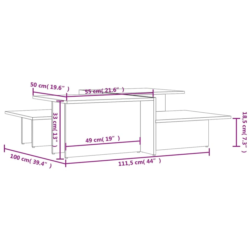 Lot de 2 tables basses 111,5 x 50 x 33 cm en bois d'ingénierie gris brillant DEC040393