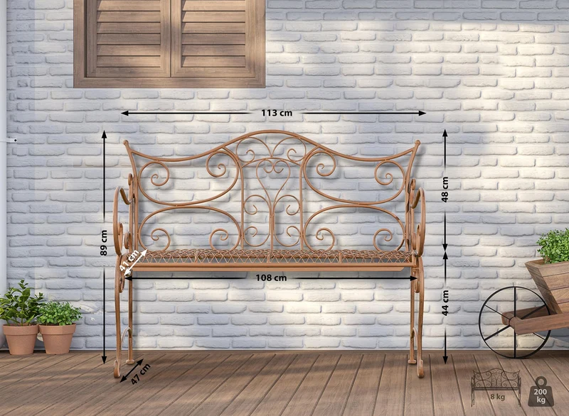 Banc de jardin avec accoudoirs design rustique largeur 113 cm en métal marron vieilli 10_0002943