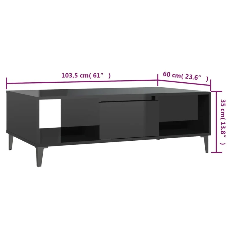 Table basse design moderne et contemporaine brillant 103,5 x 60 x 35 cm bois d'ingénierie noir et métal DEC039890