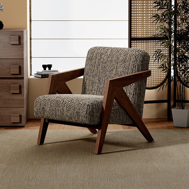 Contemporary Retro Fabric Sponge Rubberwood Square Arrow Accent Chair Backrest Armrest For Living Room