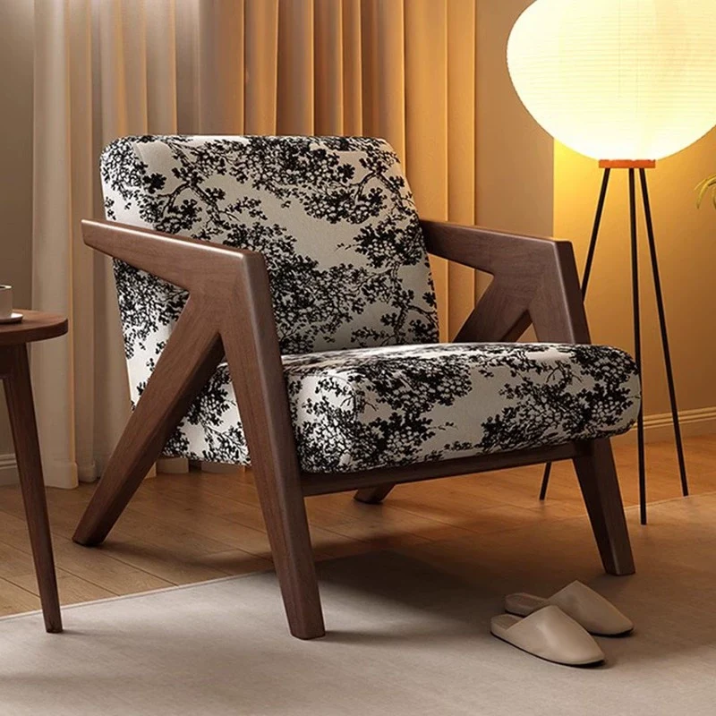 Contemporary Retro Fabric Sponge Rubberwood Square Arrow Accent Chair Backrest Armrest For Living Room