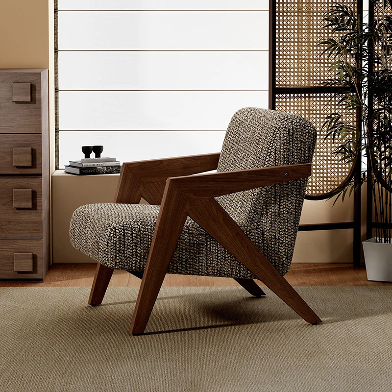 Contemporary Retro Fabric Sponge Rubberwood Square Arrow Accent Chair Backrest Armrest For Living Room