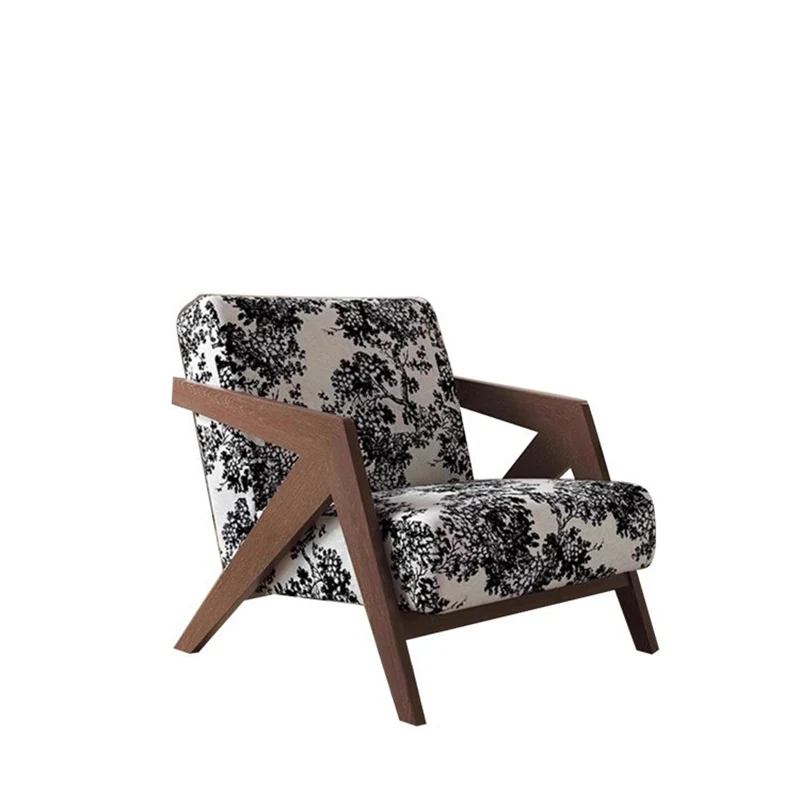 Contemporary Retro Fabric Sponge Rubberwood Square Arrow Accent Chair Backrest Armrest For Living Room