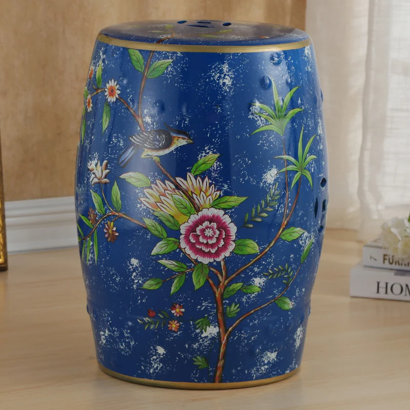 Traditional European Ceramic Hand Painted Bird Flower Drum Cylinder Footstool Backless For Living Room