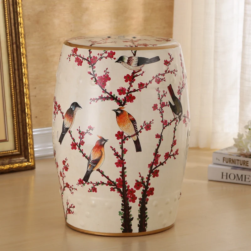 Traditional European Ceramic Hand Painted Bird Flower Drum Cylinder Footstool Backless For Living Room