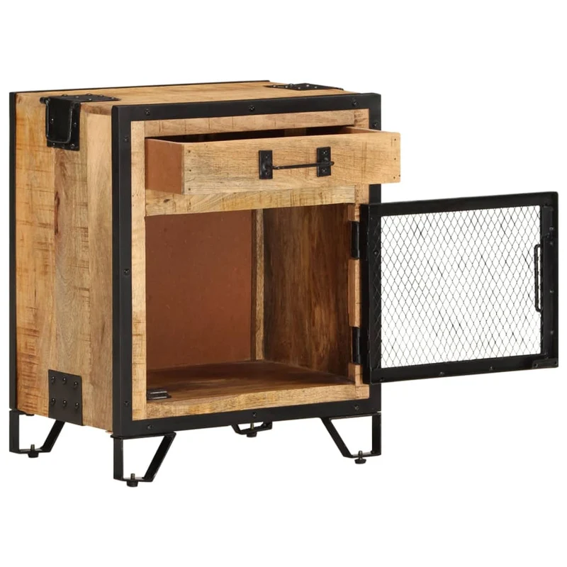 Table de chevet avec 1 tiroir et 1 porte en maillage en acier 43 x 30 x 51 cm bois de manguier massif DEC033017