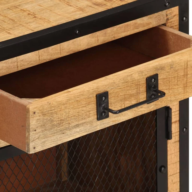 Table de chevet avec 1 tiroir et 1 porte en maillage en acier 43 x 30 x 51 cm bois de manguier massif DEC033017