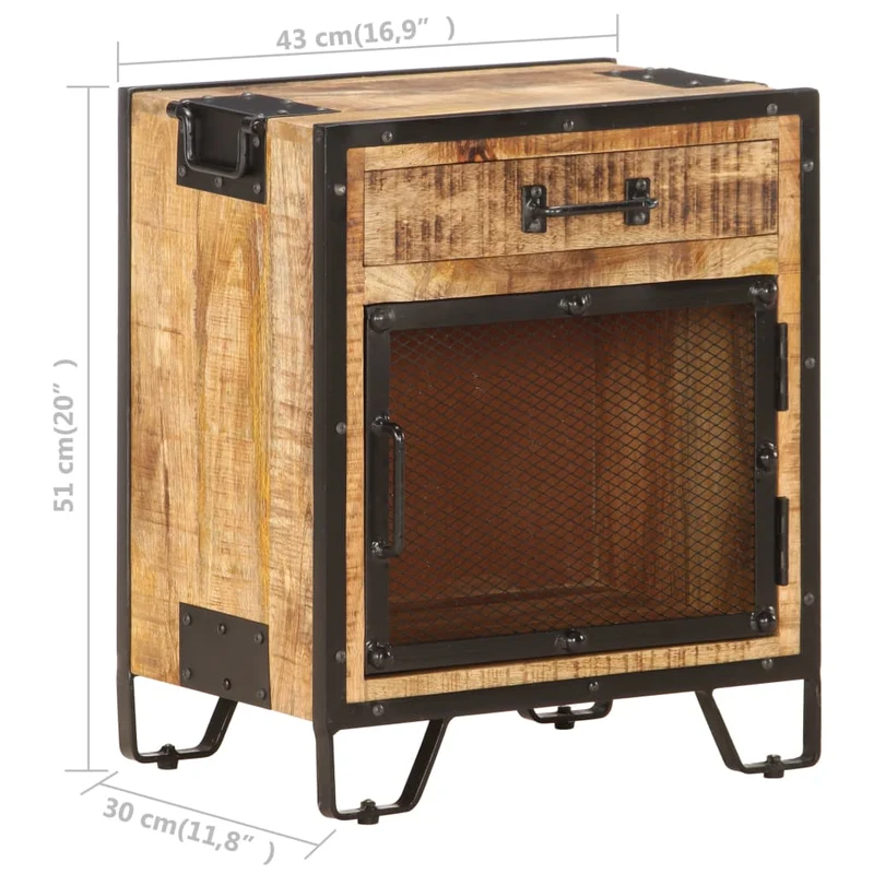 Table de chevet avec 1 tiroir et 1 porte en maillage en acier 43 x 30 x 51 cm bois de manguier massif DEC033017