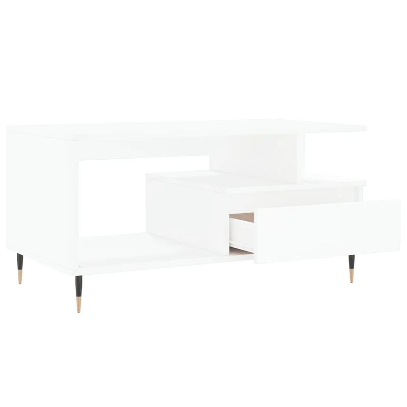 Table basse avec tiroir et étagères design moderne 90 x 49 x 45 cm bois d'ingénierie blanc et métal DEC037990