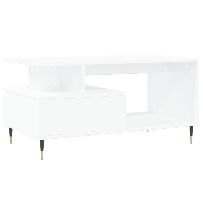 Table basse avec tiroir et étagères design moderne 90 x 49 x 45 cm bois d'ingénierie blanc et métal DEC037990