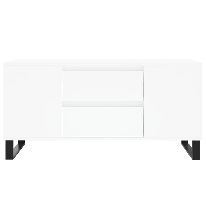 Table basse de salon avec 2 tiroirs et 4 compartiments design moderne 102 x 44,5 x 50 cm bois d'ingénierie blanc et métal DEC037803