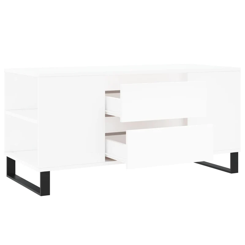 Table basse de salon avec 2 tiroirs et 4 compartiments design moderne 102 x 44,5 x 50 cm bois d'ingénierie blanc et métal DEC037803