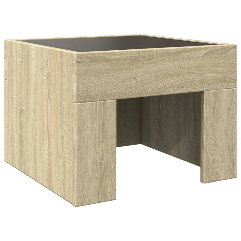 Table basse de salon design moderne avec LED 40 x 40 x 30 cm bois d'ingénierie couleur chêne et verre DEC037477