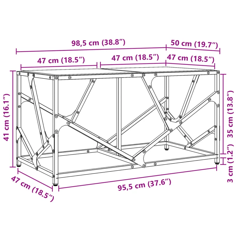 Table basse de salon design industriel avec dessus en verre transparent 98,5 x 50 x 41cm acier et verre DEC037378