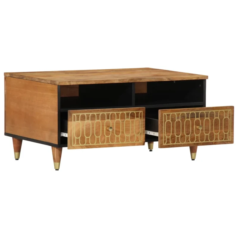 Table basse de salon avec tiroirs design rustique 80 x 54 x 40 cm bois de manguier massif marron et fer DEC037176