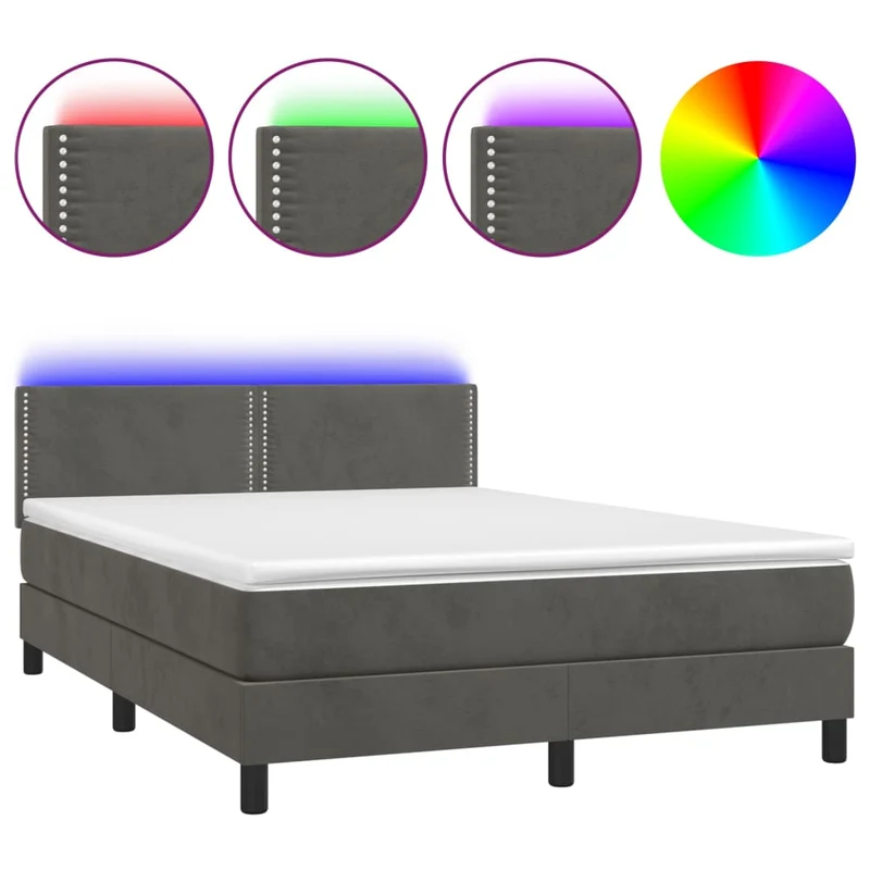 Cadre de lit LED avec sommier tête de lit matelas surmatelas 140x200 cm tissu velours gris foncé TDL0207700