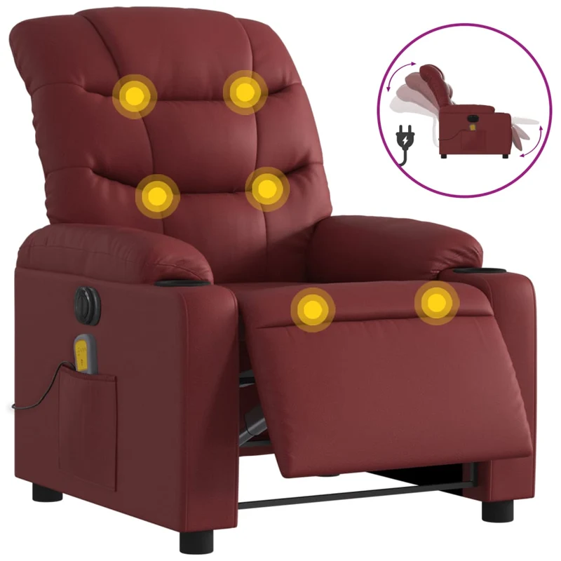 Fauteuil de relaxation TV fonction massage inclinable électrique 6 points de massage en PVC rouge bordeaux DEC027244