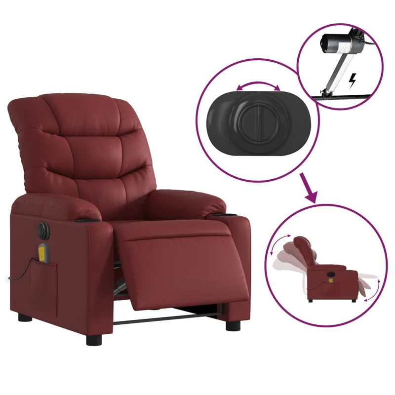 Fauteuil de relaxation TV fonction massage inclinable électrique 6 points de massage en PVC rouge bordeaux DEC027244