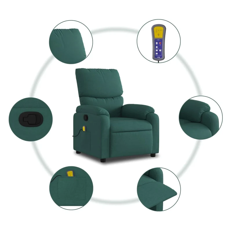 Fauteuil de relaxation TV fonction massage inclinable 6 points de massage en tissu vert foncé DEC027127