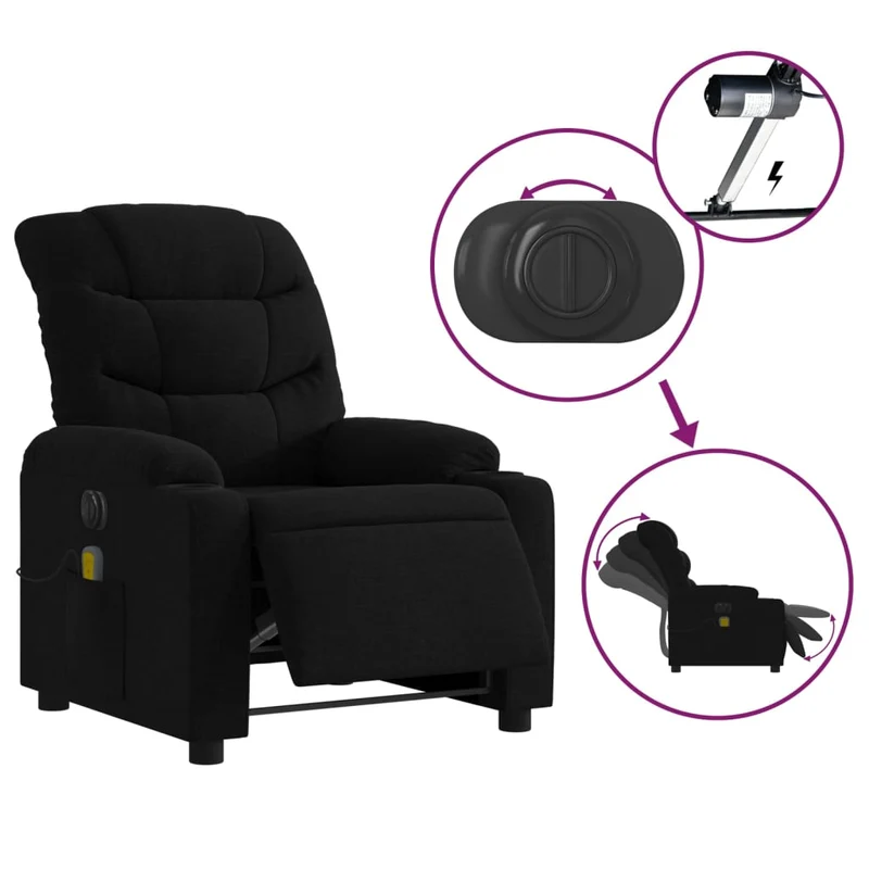 Fauteuil de relaxation TV fonction massage inclinable électrique 6 points de massage en tissu noir DEC027227