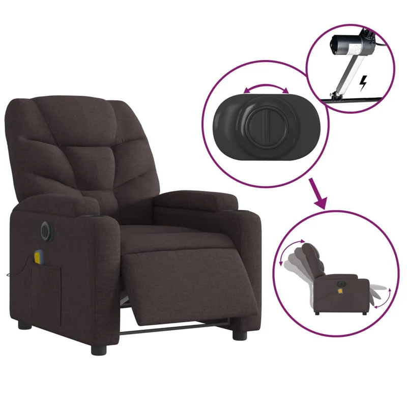 Fauteuil de relaxation TV fonction massage inclinable électrique 6 points de massage en tissu marron foncé DEC027190