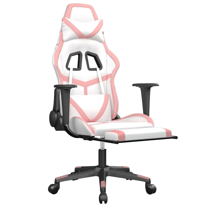 Fauteuil de bureau chaise gaming avec coussin lombaire avec repose-pieds en PVC blanc et rose DEC025832