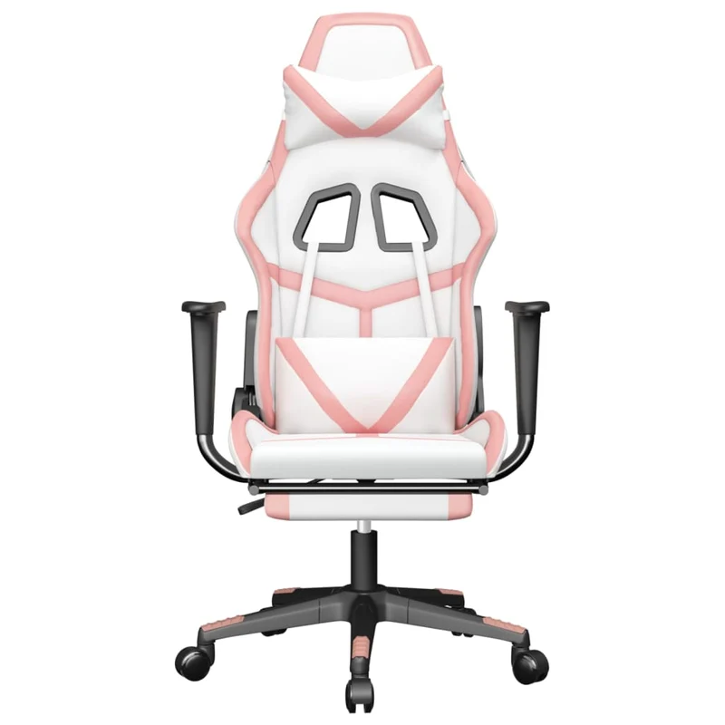 Fauteuil de bureau chaise gaming avec coussin lombaire avec repose-pieds en PVC blanc et rose DEC025832