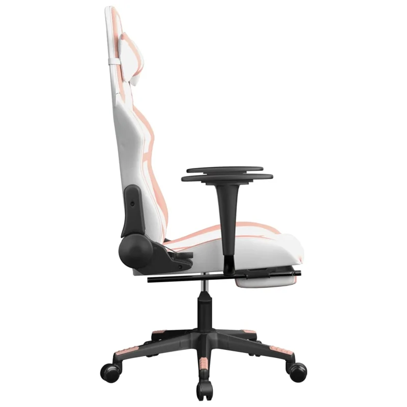 Fauteuil de bureau chaise gaming avec coussin lombaire avec repose-pieds en PVC blanc et rose DEC025832