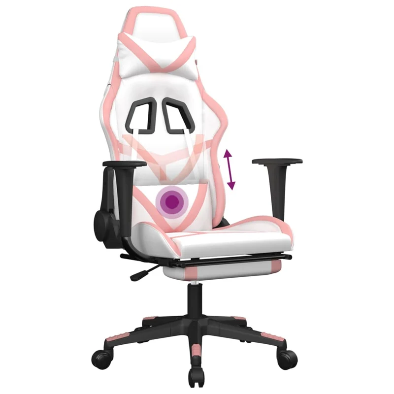 Fauteuil de bureau chaise gaming avec coussin lombaire avec repose-pieds en PVC blanc et rose DEC025832